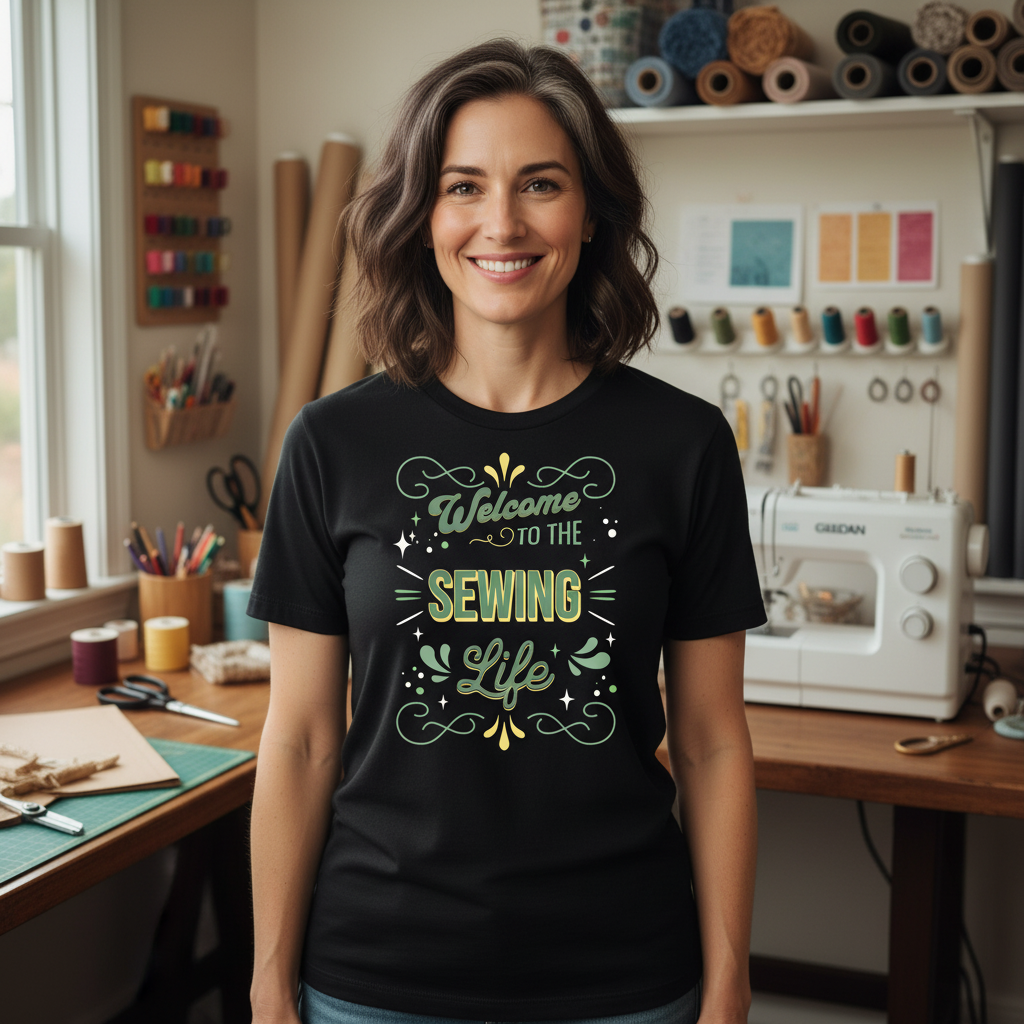Welcome to The Sewing Life T-Shirt — Mint Colored Design