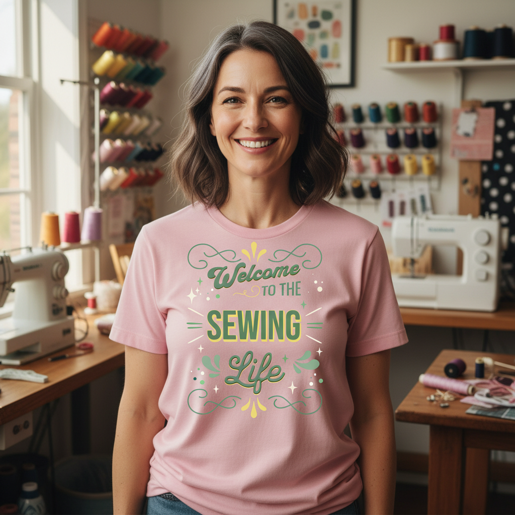 Welcome to The Sewing Life T-Shirt — Mint Colored Design