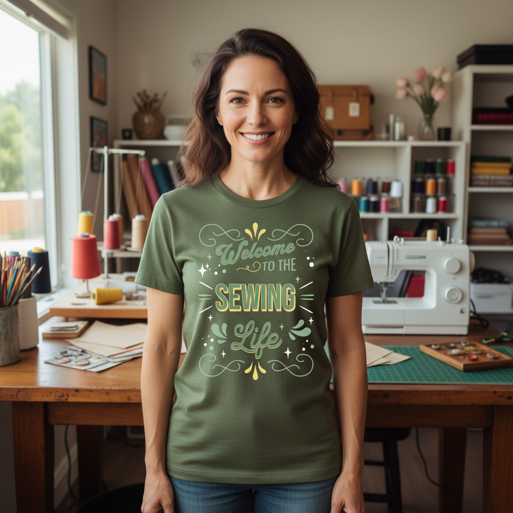 Welcome to The Sewing Life T-Shirt — Mint Colored Design