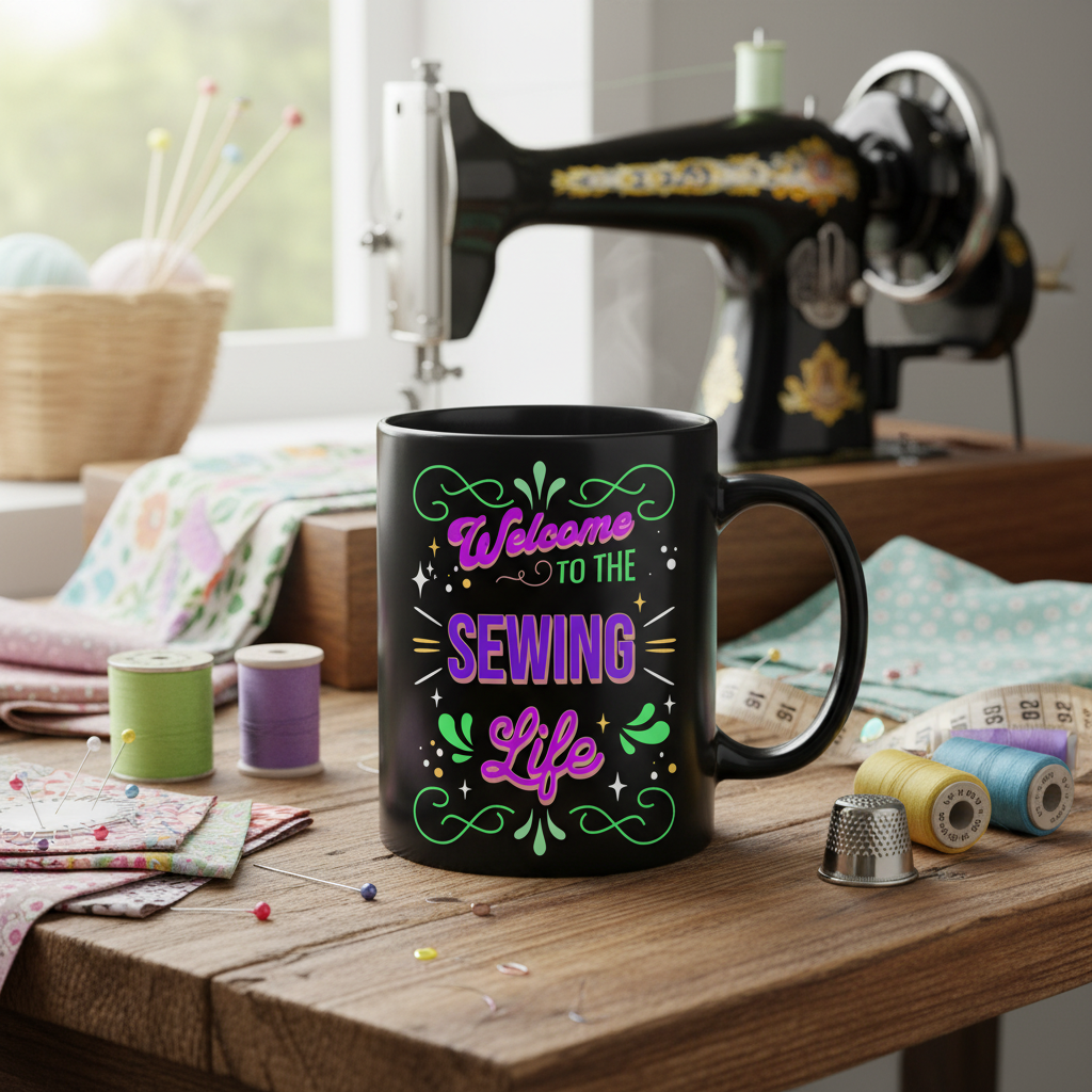 15oz Black Mug — "Sewing. Life." Colorful Favorite Gift for Sewing Lovers