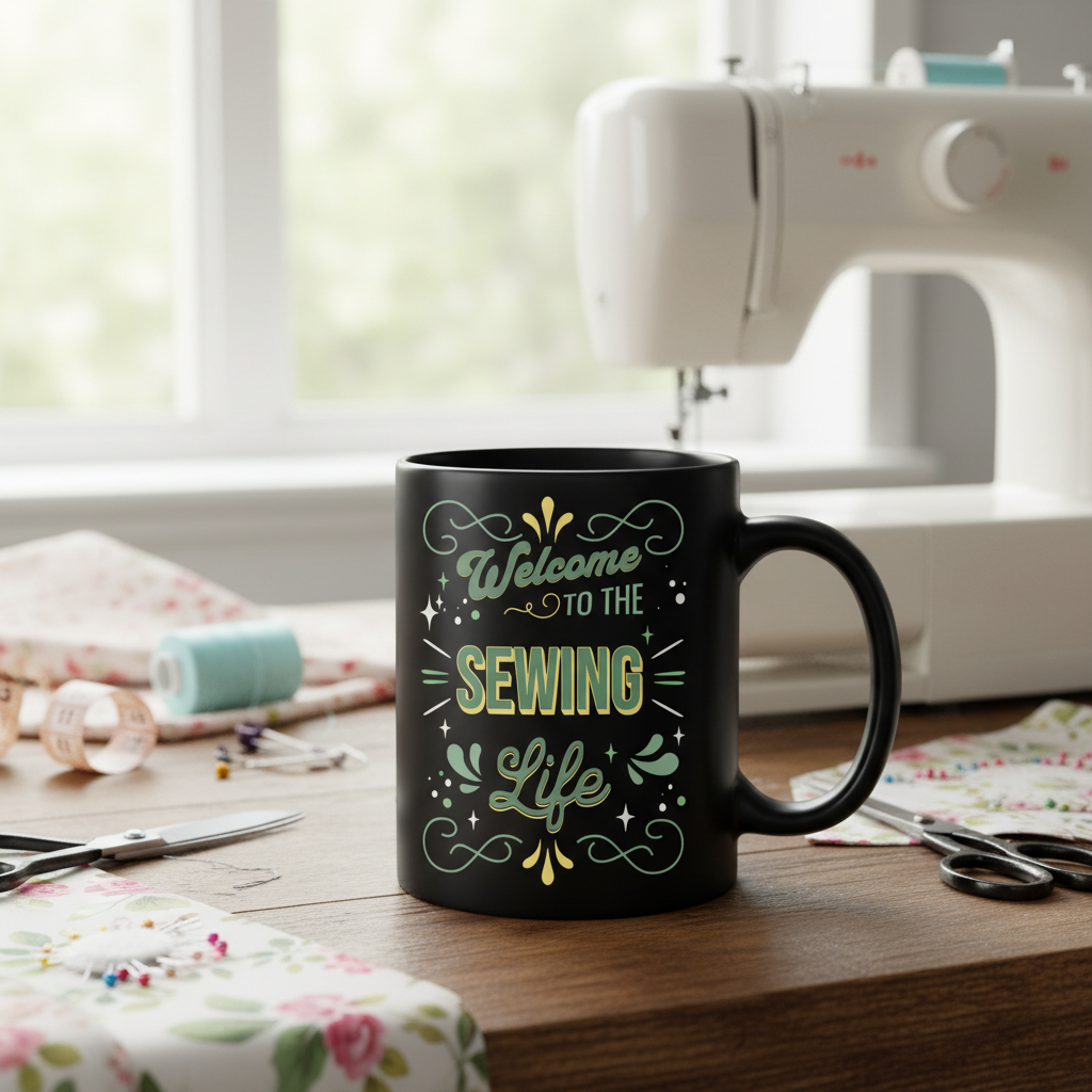 15oz Black Mug — "Sewing. Life." Mint on Black, Favorite Gift for Sewing Lovers