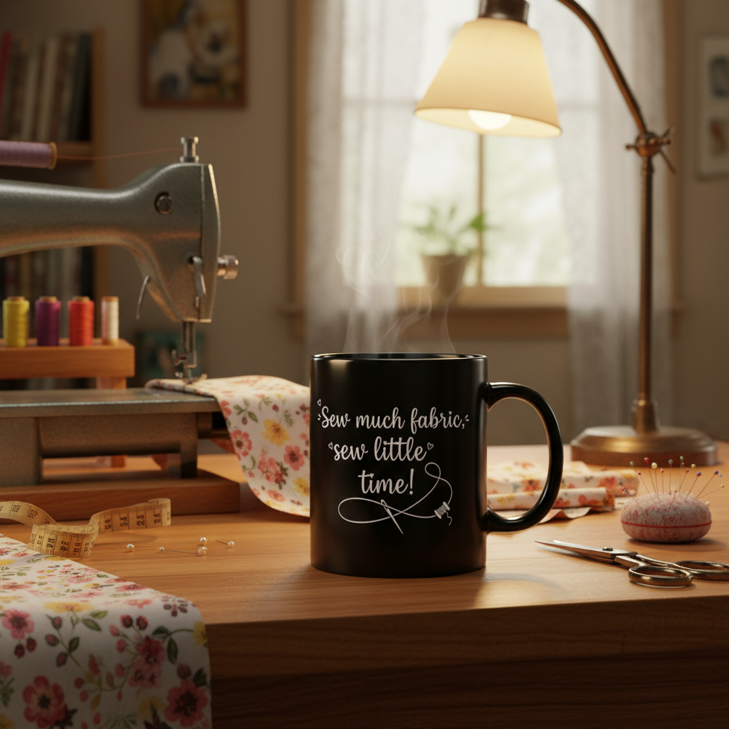 Sew Much Fabric, Sew Little Time — 15oz Black Mug for Sewing Lovers