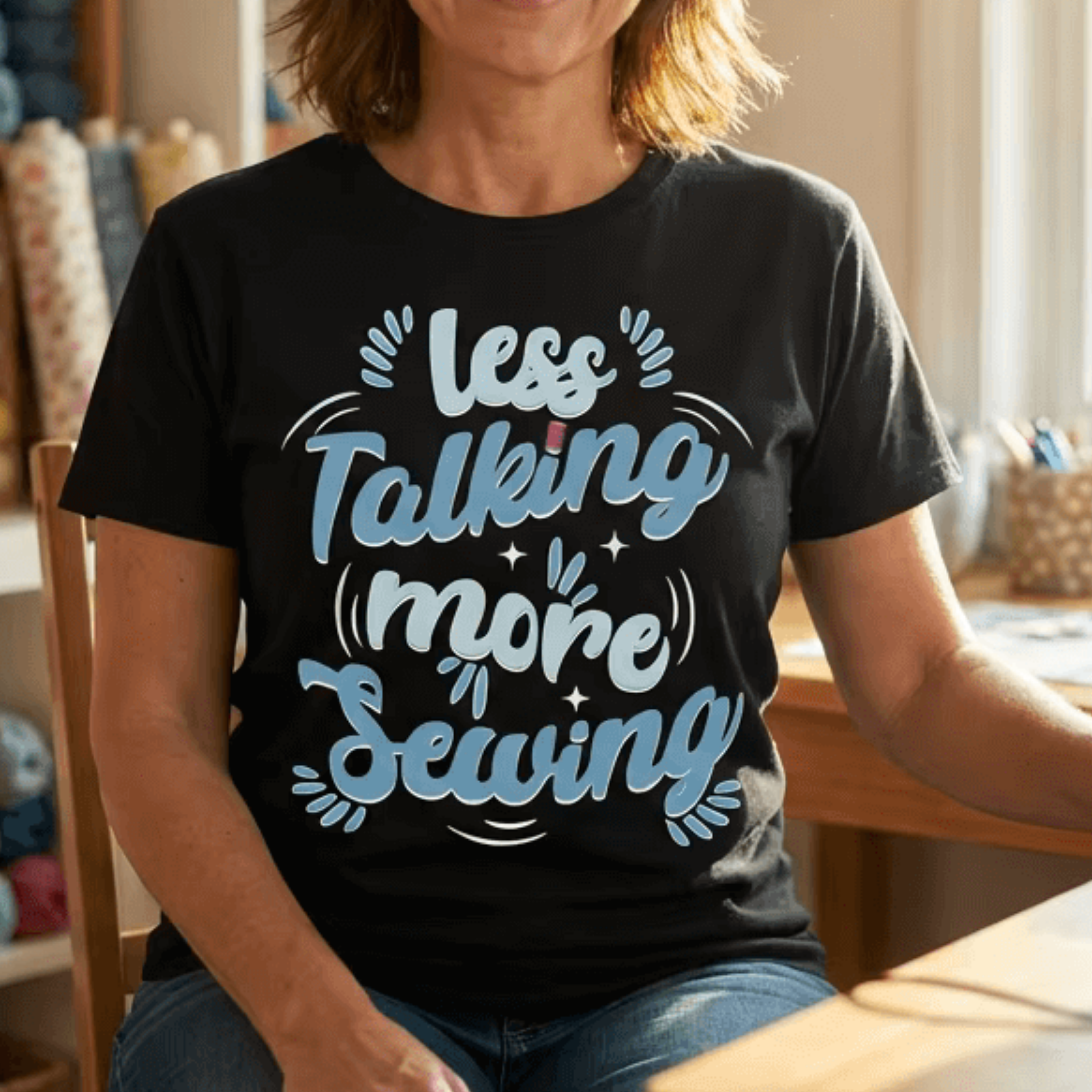 Less Talking More Sewing T‑Shirt — Funny Sewing Lover Tee